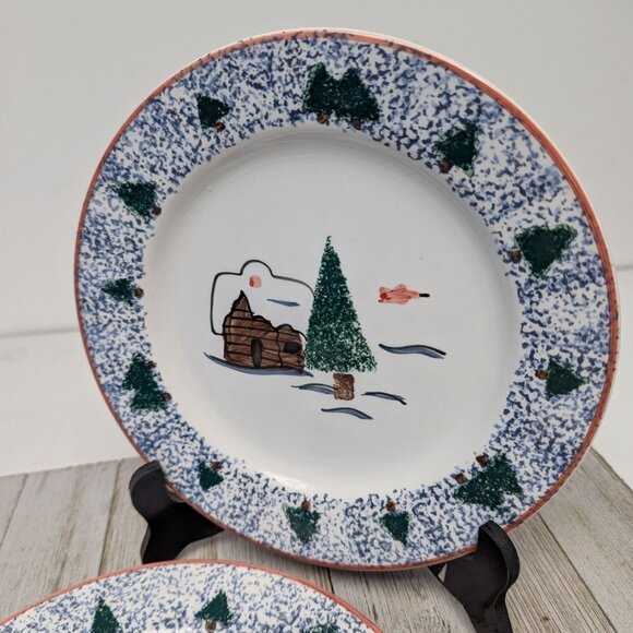 Hudson Bay 1999 Salad Plates Set of 2 Vintage Sponge Paint Christmas Trees Cabin - Picture 3 of 6